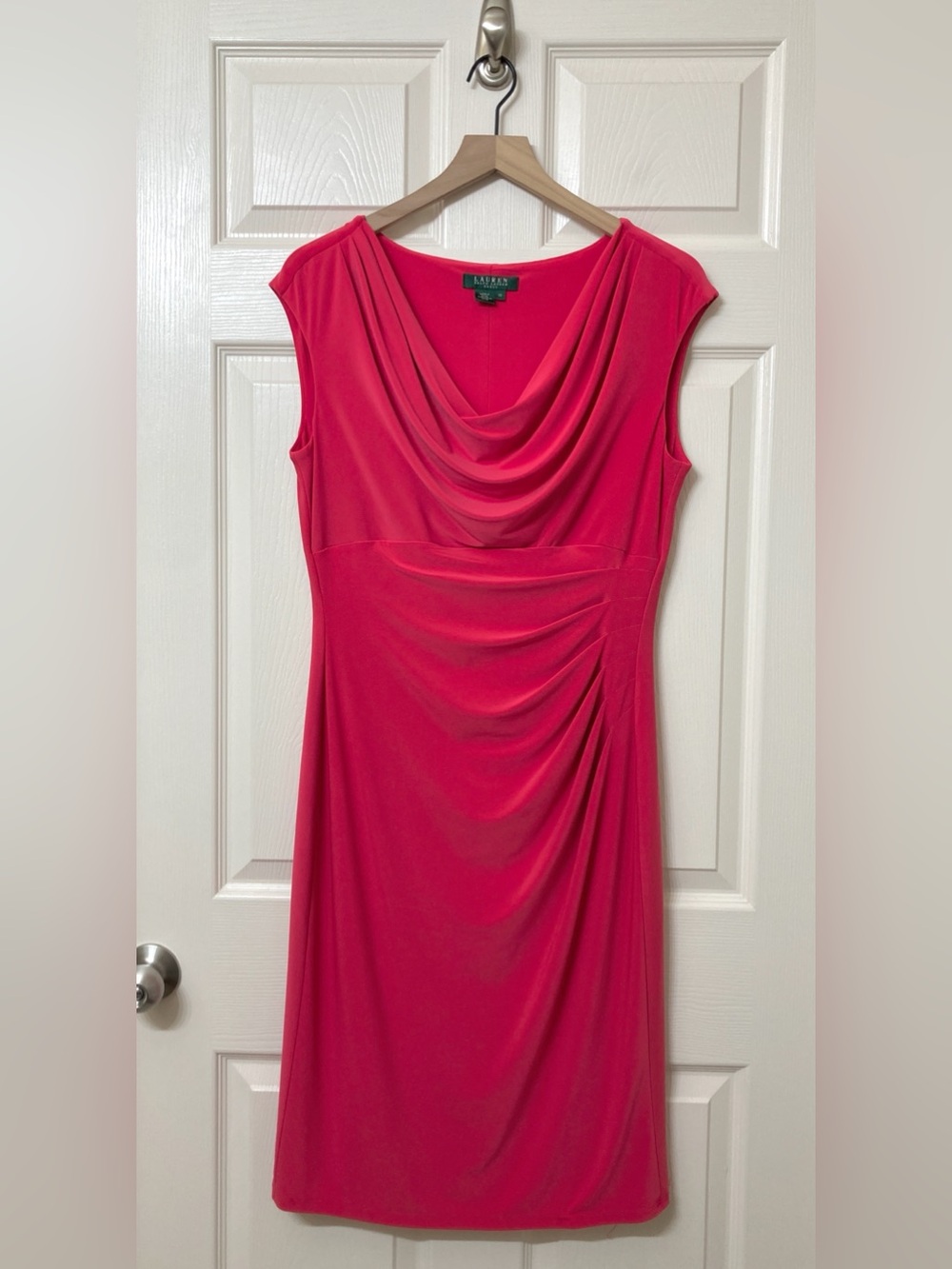 Lauren Ralph Lauren Pink Draped Cowl Neck Cap Sleeve Midi Dress 12 Wedding Guest